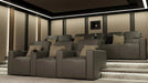 Cinema Interior - Richmond Fabric Walls - In this design we have combined Camira Blazer Lite Daydream with walnut finished backlit columns and rich dark paint on the walls