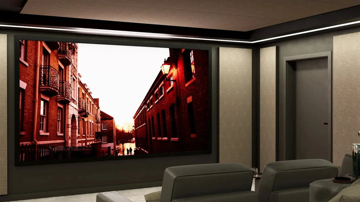 Cinema Interior - Richmond Fabric Walls - In this design we have combined Camira Blazer Lite Daydream with walnut finished backlit columns and rich dark paint on the walls