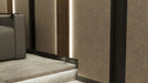 Cinema Interior - Richmond Fabric Walls - In this design we have combined Camira Blazer Lite Daydream with walnut finished backlit columns and rich dark paint on the walls